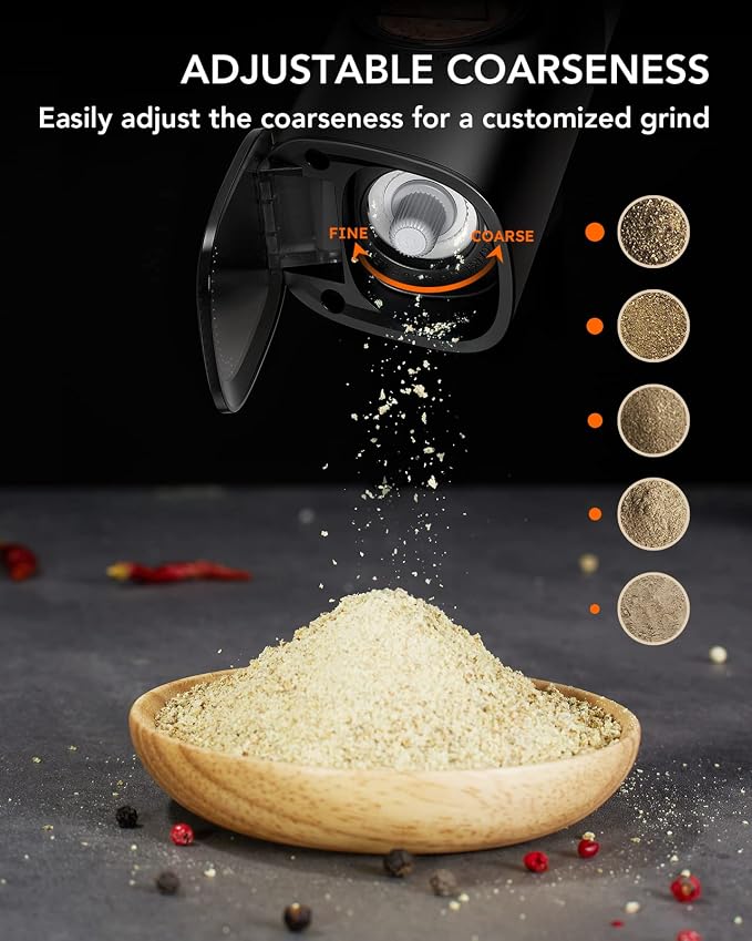 FORLIM Gravity Electric Salt and Pepper Grinder Set, Upgraded Large Capacity, USB Rechargeable Pepper grinder Automatic One Hand Operated, Adjustable Coarseness with LED Light（Natural Wood Grain）