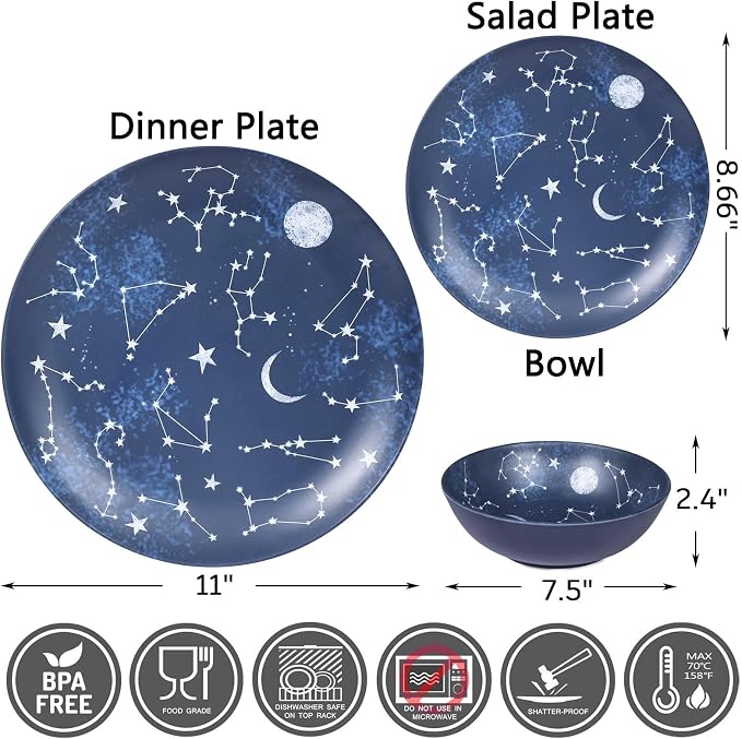 12 Piece Melamine Dinnerware Sets for 4 - Starry Pattern Camping Dishes Set for Indoor and Outdoor Use, Dishwasher Safe Plates and Bowls Sets, Dark Blue | Plates and Bowls Set Service for 4,Camping Dishes Set for Indoor Dining, Picnics, and Entertainin...