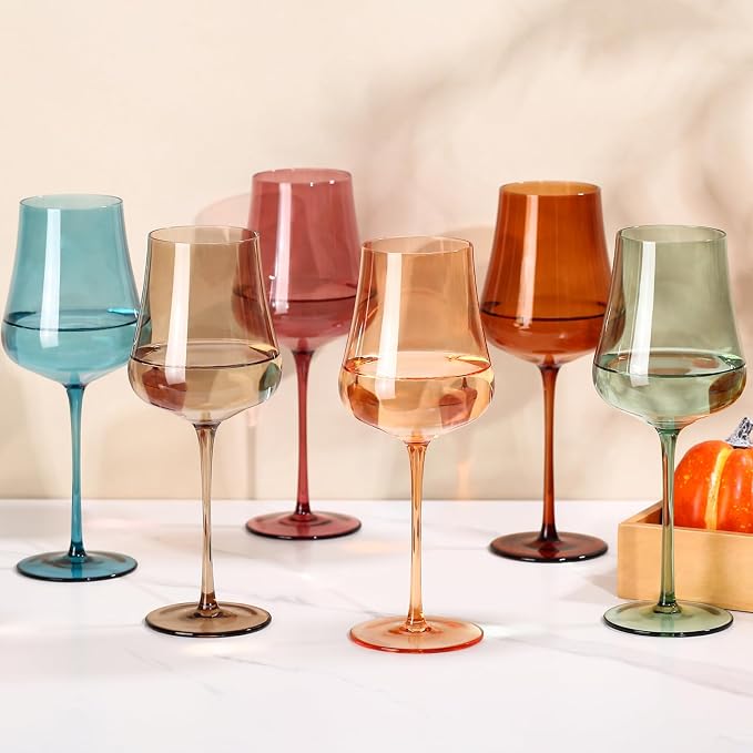 Colored Wine Glasses Set of 6-18oz Hand Blown Colorful Wine glasses - Unique Gift for Birthday,Wedding, housewarming