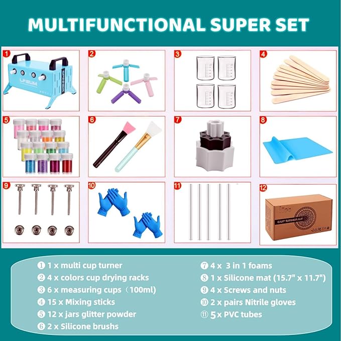 LFSUM 4 Arm Cup Turner for Crafts Tumbler,Multi Tumbler Spinner Machine Kit,Tumbler Turner DIY Glitter Epoxy Resin Tumblers (4X-Cup-Blue)