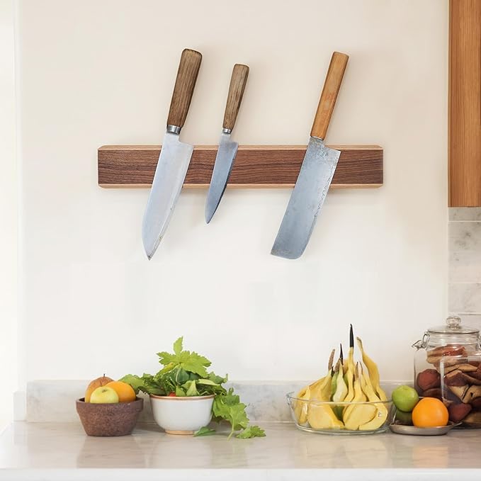 Magnetic Knife Strips for Wall, Solid Wood Knife Magnetic Holder, No-Drill 3-Way Mount & 3M Adhesive Strips, (Walnut Wood, 16 Inches)