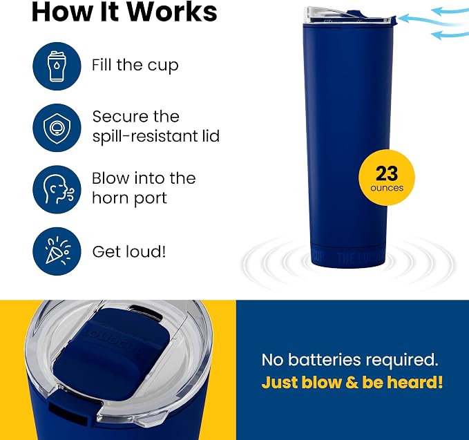 The LoudCup Blow Horn Tumbler, Cheer & Sip 2-in-1 Reusable Water Bottle with Built-In Horn for Sports Games, Tailgates, Parties & Events, BPA-Free, 23 oz, Classic Navy