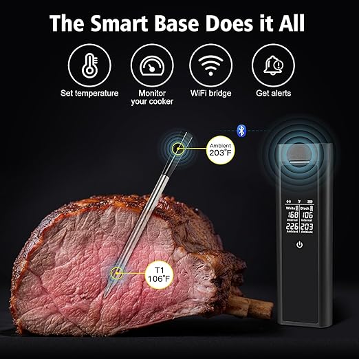 Smart Meat Thermometer for BBQ & Oven, Dual Sensor Probes, Real-Time App Monitoring, Long Wireless Range, Fast Response Cooking Thermometer for Grill & Smoker