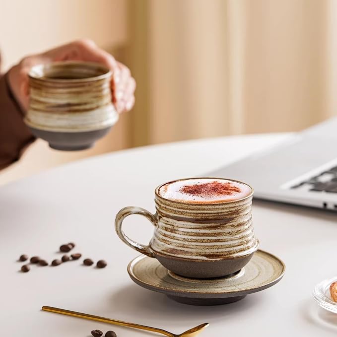 210ml Ceramic Mug Saucer Set Home Wabi Sabi | retro, artisan, original design, minimalist, durable, latte, afternoon tea