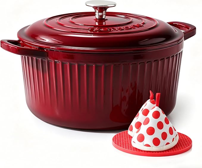SENSARTE Enameled Cast Iron Dutch Oven Pot with Lid 3.5/5.5/6.5 Quart Heavy-Duty Round Dual Handles Kitchen Pot with Cotton Potholders & Silicone Trivet, Pot for Bread Baking, Stews, Braising, Roasting, Oven Safe, 6.5 Quart, Red