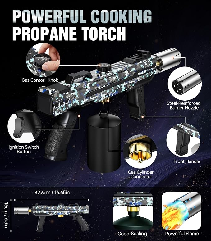 Powerful Propane Torch Gun, Kitchen cooking Torch lighter with Adjustable Flame, Flame Thrower Gun Butane Torch for Searing Steak, BBQ, Campfire, Fireplace (Tank Not Included)(Camouflage)