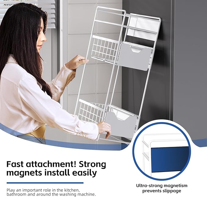 CABTE 3 Tier Magnetic Shelves for Washing Machine with Pull Out Metal Drawer,Magnetic Spice Rack for Fridge,Magnetic Rack with no Installation, Versatile Storage Organizers for Home (White, 3 Tier)