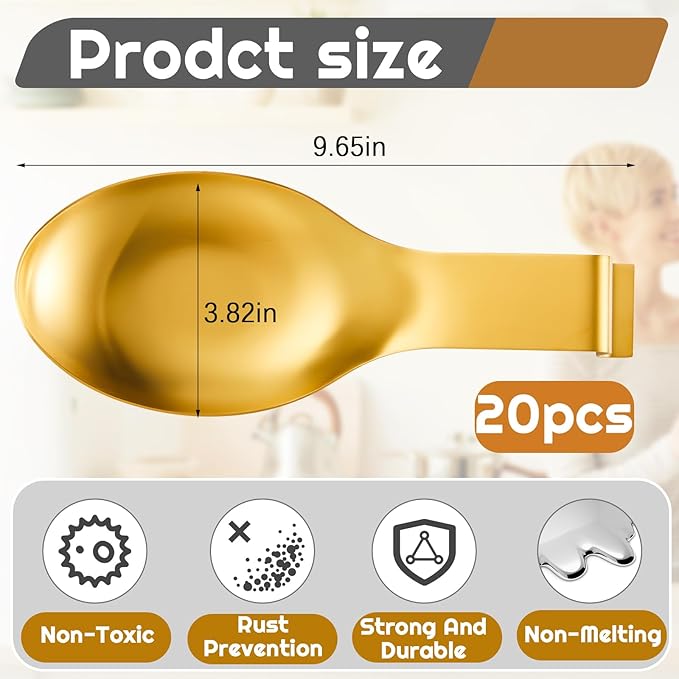 Nuanchu 20 Pcs Stainless Steel Spoon Rest Spatula Ladle Holder Spoon for Stove Top Heavy Duty Spatula Holder for Countertop Dishwasher Safe Utensil Rest for Kitchen, 3.8 x 9.6" (Gold)