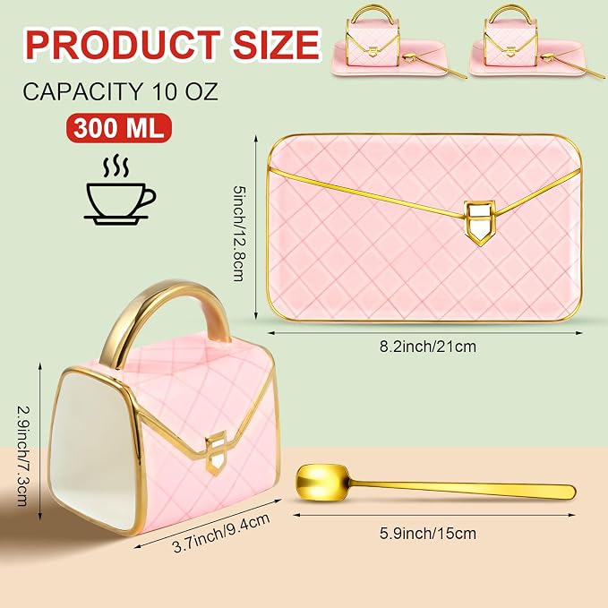Zubebe 2 Sets Coffee Mug Elegant Handbag Shaped Cup Modern Ceramic Purse Mug with Spoon and Saucer, 10oz Cute Creative Tea Cup for Woman Girls Gift (Pink)