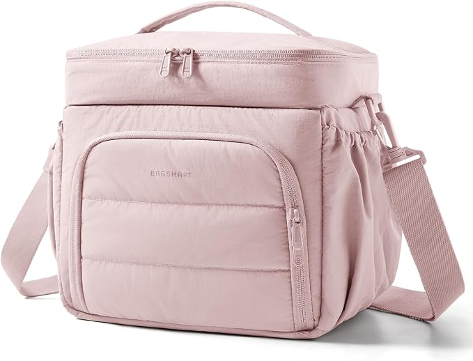 BAGSMART Puffy Insulated Lunch Bag, Lightweight Large 14L Double Deck Lunch Box for Women, Soft Cooler Tote for Office Work Travel Camping with Stretch Side Pockets Fits 40 oz Bottle, Pink