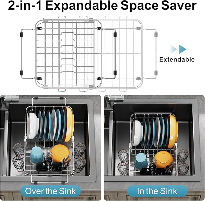 GSlife Small in Sink Dish Drying Rack - Expandable Stainless Steel Compact Over The Sink Dish Drainer with Utensil Holder for RV Kitchen Apartment, 11.2" W x 11.2"-17" L, Silver