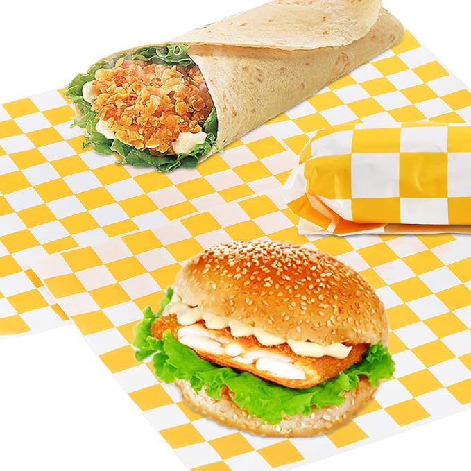 Fasmov 1000 Sheets 12 x 12 inches Sandwich Paper Deli Basket Liner Wrap Food Basket Liners Wrapping Checkered Sheets, Yellow & White