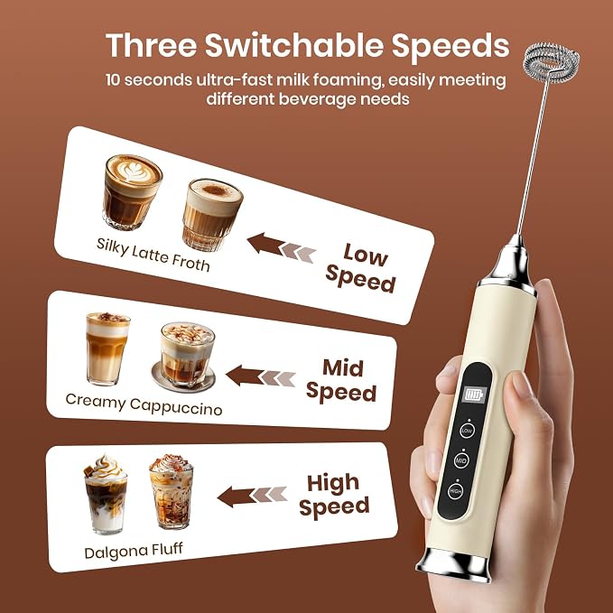 YUSWKO Milk Frother Wand for Coffee with Stand, Coffee Frother Handheld | Rechargeable Drink Mixer Wand, Waterproof Electric Whisk for Protein Powder, Lattes, 3 Variable Speeds 3 Whisks, Beige