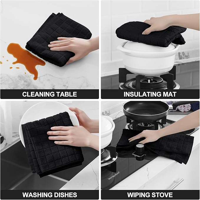 Homaxy Premium Cotton Kitchen Towels 16"x 28", Large Natural Ring Spun 390 GSM Dish Towels, Super Absorbent Terry Kitchen Hand Towels, Soft Tea Towels with Hanging Loop, Pure Black Design, 4 Pack