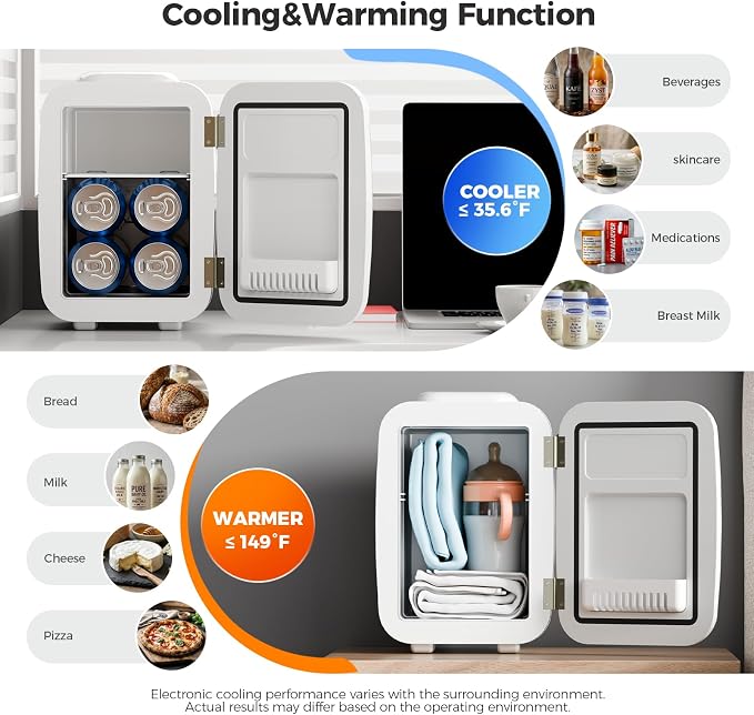 Mini Fridge for Bedroom - 4 Liter/6 Can Mini Makeup Fridge, 110V AC/ 12V DC Portable Thermoelectric Cooler&Warmer for Skincare, Drink, Cosmetic, Medicine, Small fridge for Bedroom, Office, Dorm, Car