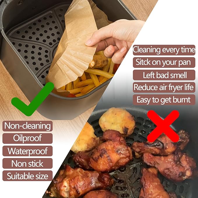 UBeesize XL 10 Inch Air Fryer Paper Liners, 200 PCS Parchment Paper, Air Fryer Disposable Paper Liner for Microwave, Non-Stick Air Fryer Liners Square Free of Bleach （Bottom size 9 Inch）