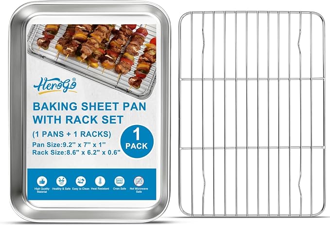 Herogo Small Stainless Steel Baking Sheet with Rack Set(1 Pans + 1 Racks), 9.2'' x 7'' x 1'' Mini Metal Bacon Tray with Cooling Rack Set for Baking & Roasting, Nontoxic & Easy Clean