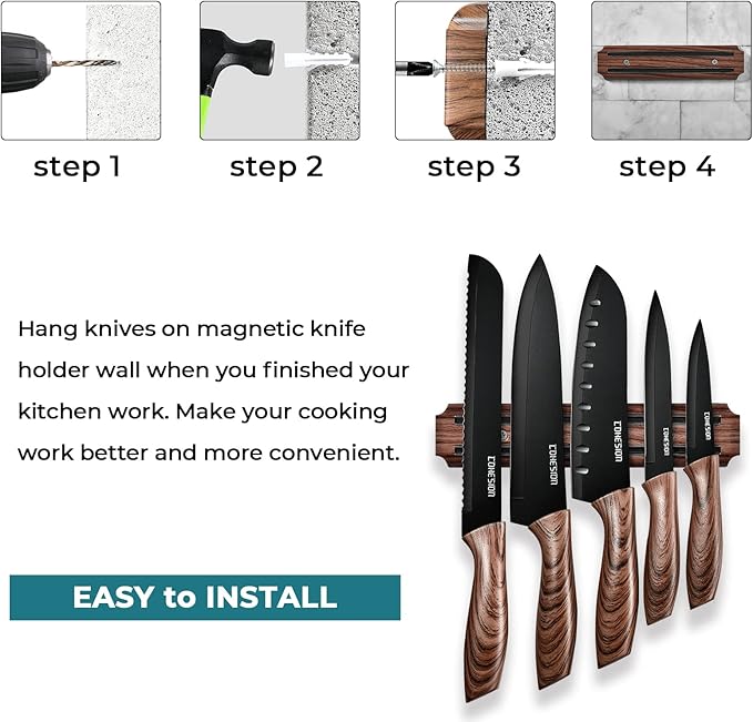 Cohesion 5 PCS Kitchen Knife Set with Magnetic Knife Holder for Wall, Ultra Sharp Chef Boxed Knife Set With Sheathes for Multipurpose Cooking with Ergonomic Handle