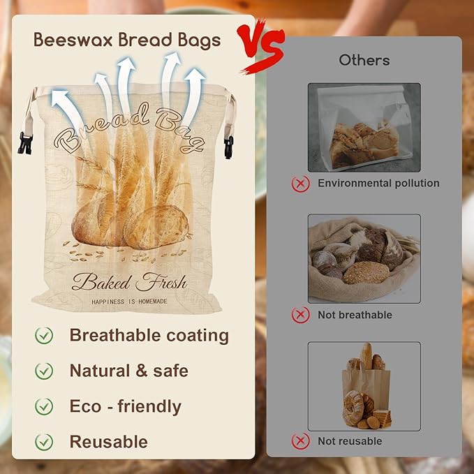 Beeswax Bread Bags for Sourdough, 2 Pack Reusable Bread Bag for Storage XL 17x13 Inch, Large Linen Beeswax Bread Bags for Homemade Sourdough with 1 Linen Bowl Cover - Keep Fresh, Freezer Safe