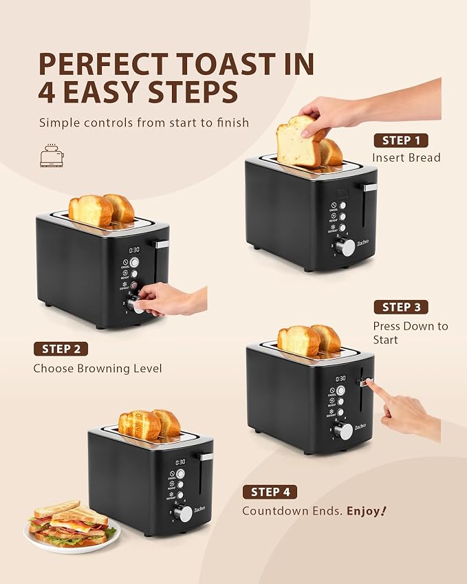 2 Slice Toaster with Wide Slots for Bread & Bagels, Stainless Steel Toaster with Digital Countdown, 6 Shade Settings, Defrost, Reheat & Cancel, Compact Design for Kitchen, Black
