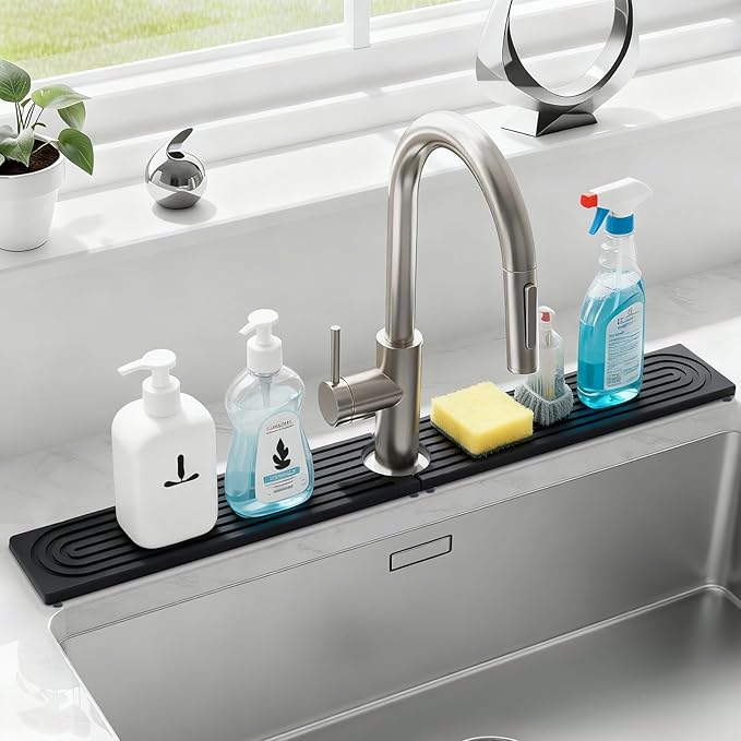 Stone Faucet Mat for Kitchen Sink, Large Fast Drying Stone Faucet Mat for Kitchen Sink with Raised Feet, Prevent Moisture Drying Diatomite Fast Tray, Dark Gray, 30" x 4"
