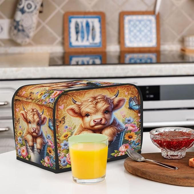 Highland Cow Retro Cute 2 Slice Toaster Cover Dust And Fingerprint Bread Maker Cover Bakeware Protector Washable Appliance Covers Kitchen Accessories For Home Kitchen Women Gift