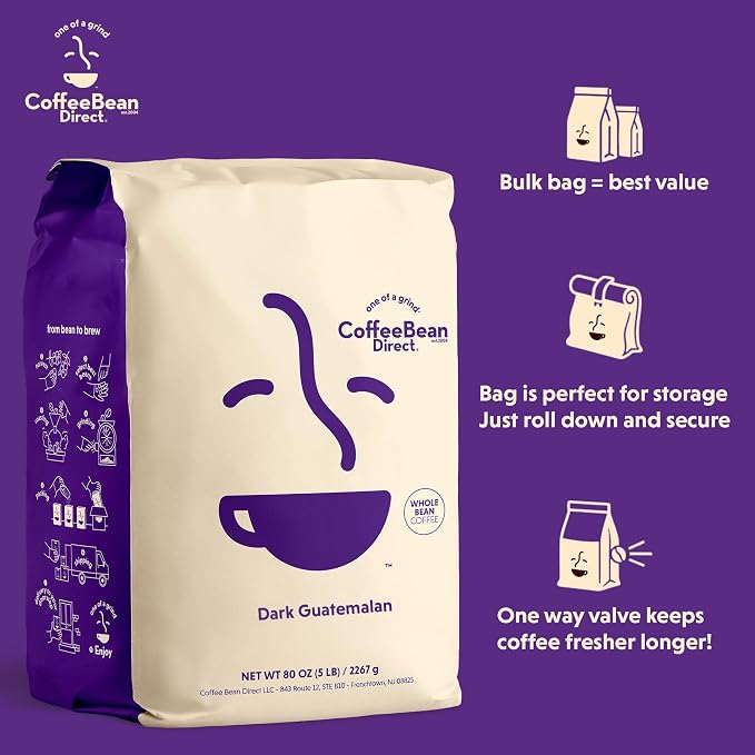 Coffee Bean Direct Dark Guatemalan, Whole Bean Coffee, Arabica Coffee, Dark Roast, 5 Pound Bag (Pack of 1)