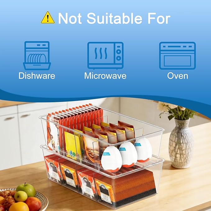 6 Pack Versatile Plastic Bins, Clear Food Storage Organizer Bins, 4 Compartment Pantry Organizer for Kitchen, Fridge, Cabinet, Desk Organization and Storage
