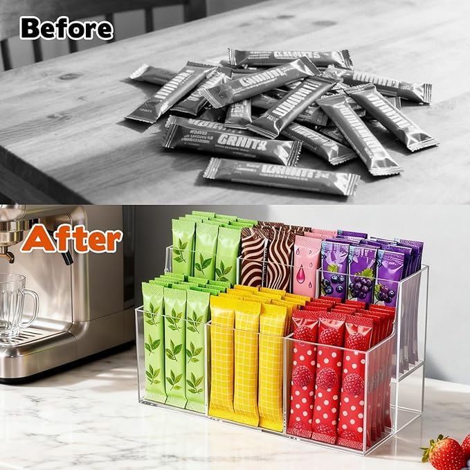 2 Pcs Drink Packet Organizer, 2-Tier Acrylic Drink Packet Organizer for Water Flavor Hydration Powdered Mixes Pantry Cabinet Counterto Kitchen Storage Holder Container