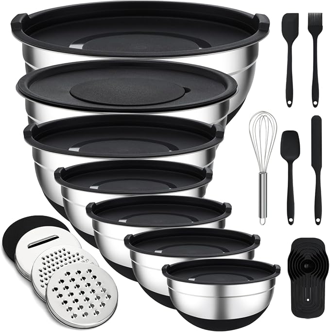Unokit Mixing Blows with Lids Set - 7-Piece | Non-Slip Stainless Steel Nesting Mixing Bowls with Grater Attachments, Mixing Bowl Set for Multi Mixing & Serving