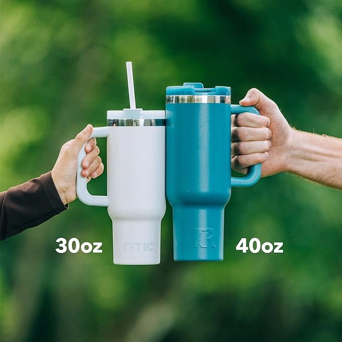 RTIC 40 oz Road Trip Tumbler Double-Walled Cermaic Lined Insulated Stainless Steel Portable Travel Coffee Mug Cup with Lid, Handle and Straw, Periwinkle Bouquet