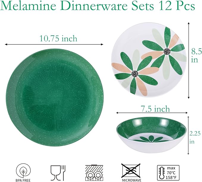 Outdoor Melamine Dinnerware Set 12 Pieces, Spring Party Green Flowers