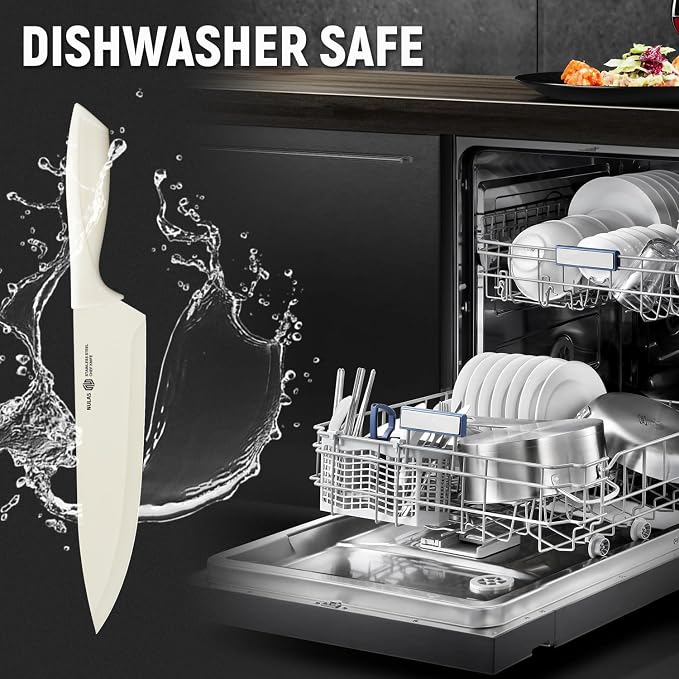15-Piece Kitchen Knife Block Set with Built-in Sharpener, Upgraded Non-Stick Coating Blades, Ergonomic Handles, Dishwasher Safe, Cream