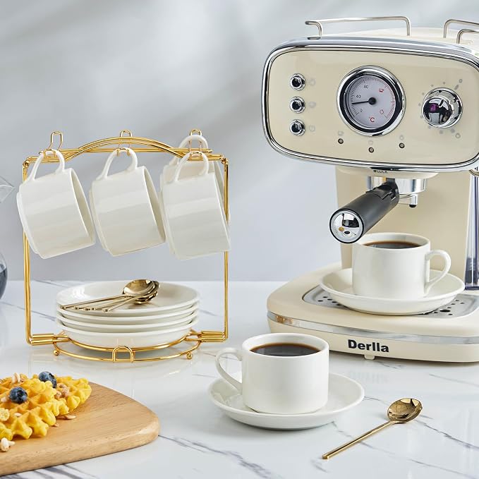 YOLIFE Espresso Cups with Saucers Set and Gold Metal Stand, 4oz Coffee Espresso Cups Set of 6, Ceramic Expresso Shots Cup with Stand & Saucers, White