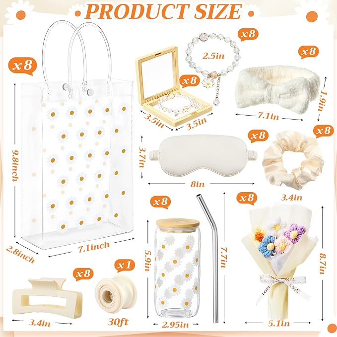 Vesici 73 Pcs Spa Sleepover Party Supplies Bulk Women 8 Sets Slumber Birthday Bridesmaid Gift Crochet Flower Glass Cup Eye Mask Hair Ties Gift Bag Bracelets Scrunchies Headband(Daisies,Beige)