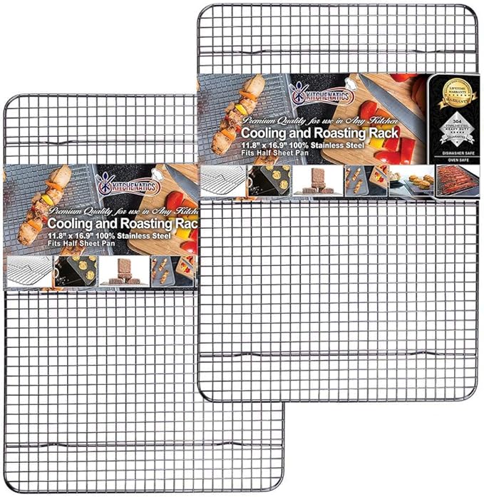 KITCHENATICS Half Sheet Cooling Rack Stainless Steel Oven Safe Set of 2 | Fits standard 13x18 half sheet pans for oven roasting, broiling, grilling, drying and baking sheet cooling
