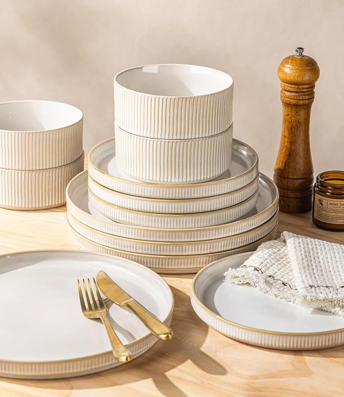GBHOME Stoneware Dinnerware Sets for 4, 12 Pieces Lightweight Ceramic Ribbed Plates and Bowls Set,Reactive Glaze Stackable Plate Sets,Scratch Resistant Dishes,Microwave & Dishwasher Safe,Vanilla Latte