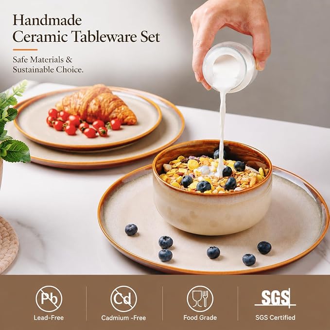 LeRatio Ceramic Dinnerware Sets for 4,12-Piece Plates and Bowls,Handmade Reactive Glaze Dishes Set,Chip Resistant and Scratch Resistant | Oven Dishwasher & Microwave Safe,Service for 4-Kahki
