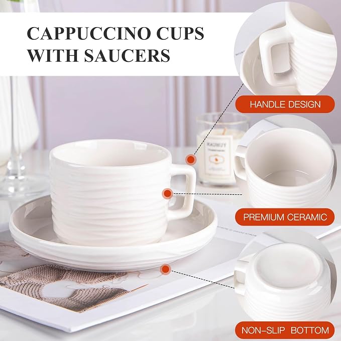 Cappuccino Cups with Saucers, 8 OZ White Ceramic Coffee Cups Set of 6, Good for Latte, Americano and Tea, Microwave and Dishwasher Safe, Ribbed Texture