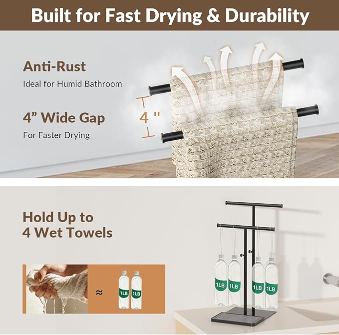 NADAMOO Towel Holder Stand, Adjustable Height 13.8"-24" Freestanding Double Bar Towel Rack with Stone Drying Tray, Wide Weighted Base, Rustproof Black Metal, for Bathroom, Kitchen Countertop