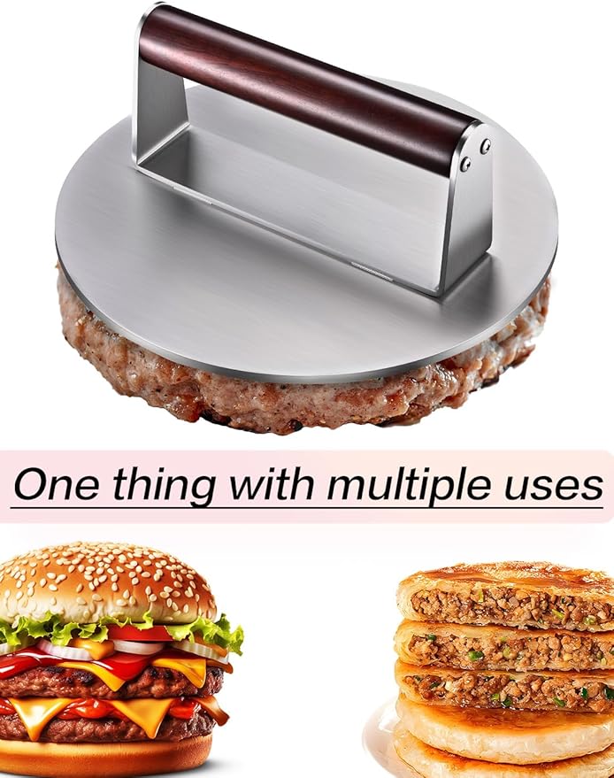 Heavy Duty 2.5 lb Stainless Steel Burger Press – 8.5 Inch Smash Burger Press Hamburger & Bacon Press for Steak, Meat, Flat Top Grill & BBQ, Polished Smooth Base Hamburger Smasher with Wooden Handle