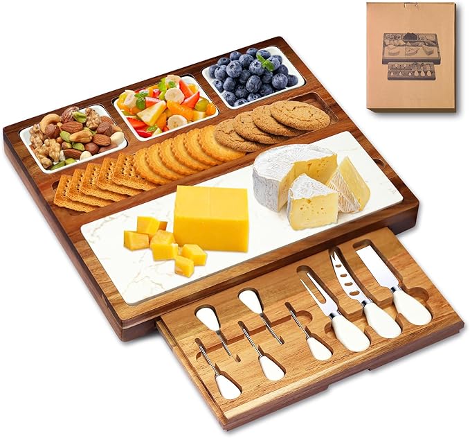 Charcuterie Board Set Premium Large Acacia Wood Cheese Platter with Reusable Bowls, Cheese Knives and Forks - Housewarming, Wedding, Bridal Shower, Birthday Gifts