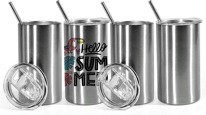 AGH 12OZ Sublimation Silver Tumbler with Lids and Straws 4Pack Stainless Steel Straight Skinny Tumblers for Kids Double Wall Insulated Cup for Water Juice and Travel.Great DIY Gift for Kids