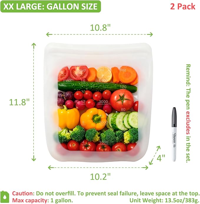 100% Silicone Gallon Storage Bags, Extra Large Reusable 1 Gallon Silicone Storage Bags Stand-Up Zip-Lock Leakproof for Bulk Food & Large Portions, Freezer Microwave Sous Vide Dishwasher Safe, 2 Pack