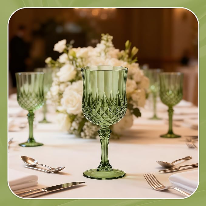 7OZ Plastic Wine Glasses, Reusable Vintage Goblets Unbreakable Drinking Glasses Crystal Water Cups Champagne for Wedding, Parties (24, Light Green)