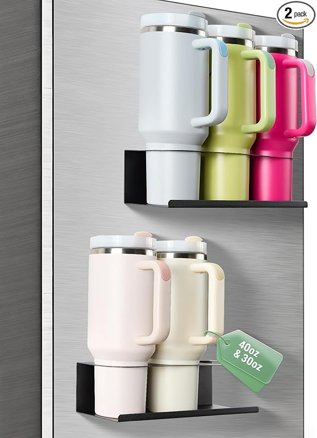 POLRAI 2 Pack Magnetic Stanley Cup Holder for Fridge, Water Bottle Organizer for Tumbler with Double Sided Tape Hold Stanley Cup Accessories for Kitchen Cabinet Wall