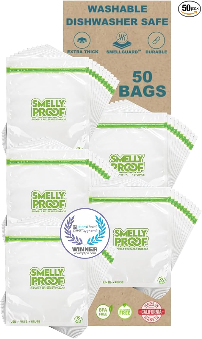 Smelly Proof Quart Food Storage Bags Bulk, 50-Pack Case, Made in USA, Reusable Freezer Bags, 3-mil, 8.5" x 10"