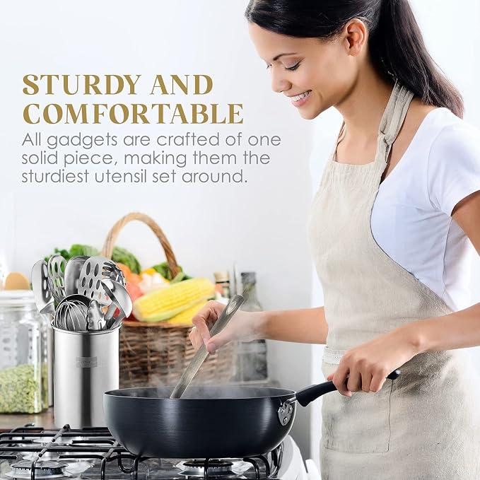 Bartnelli 11-Piece Kitchen Utensils Set with Holder - Non-Stick Stainless Steel Cooking Utensils with Heat-Resistant Handle - Includes Cooking Spoons, Potato Smasher, Slotted Turner, Whisk, and More