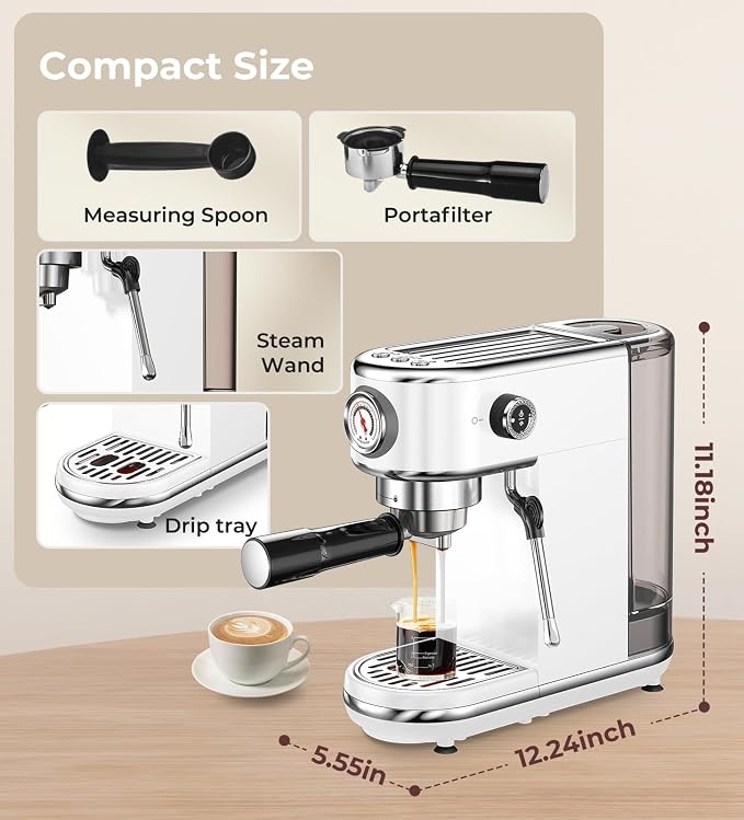 Atatix 20 Bar Espresso Machine with Milk Frother, Professional Compact Espresso Maker, Stainless Steel Coffee Machine with Precise Temp Control & 44oz Removable Water Tank for Latte, Cappuccino, White