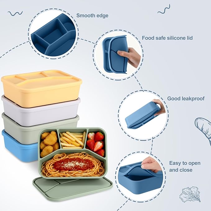 Honeydak 4 Pcs Silicone Bento Box Reusable Lunch Container 4 Compartment Snack Boxes with Lid Smooth LeakProof Rectangle Food Boxes for Adult Work Travel Food Storage (Cute Color)